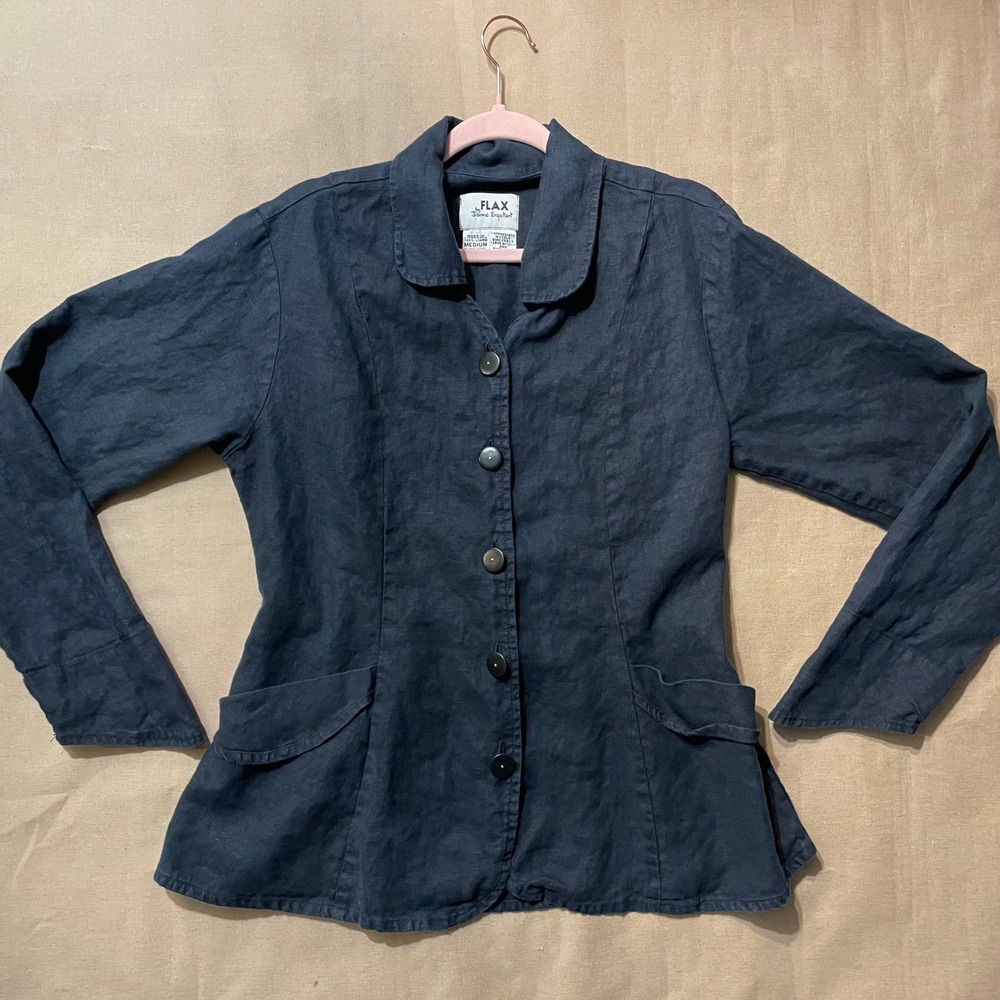 Vintage 90s FLAX Jeanne Engelhart Jacket Sz M Black 100% Linen Pockets Lagenlook